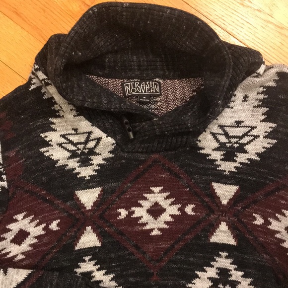 Mens TRASH NOUVEAU Aztec Tribal Black Gray Burgundy Toggle Shawl Neck Sweater M - Picture 11 of 16